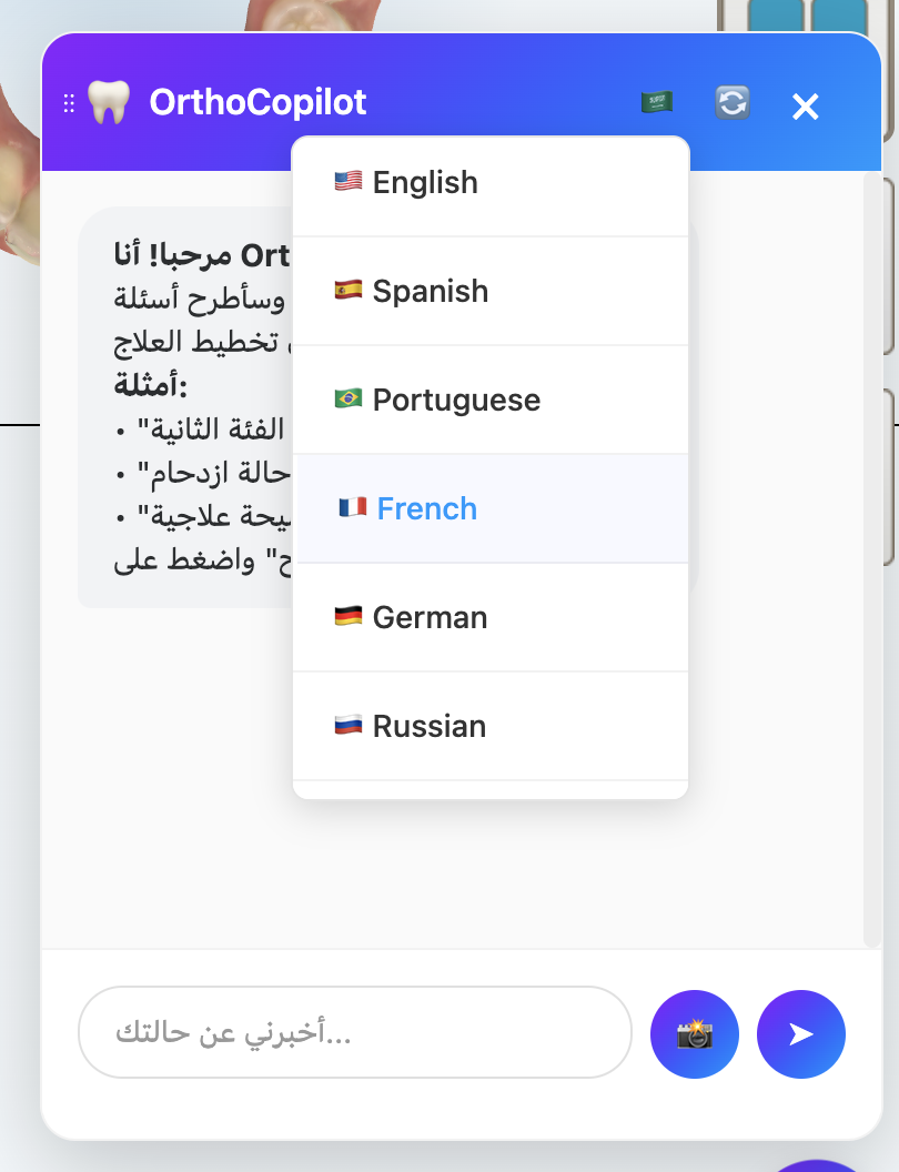 OrthoCopilot multi-language interface showing support for English, Spanish, Portuguese, French, German, Russian and Arabic